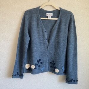 VTG 90s Blue Floral Embroidered Wool Blend Knitted Cardigan Sweater Cabincore